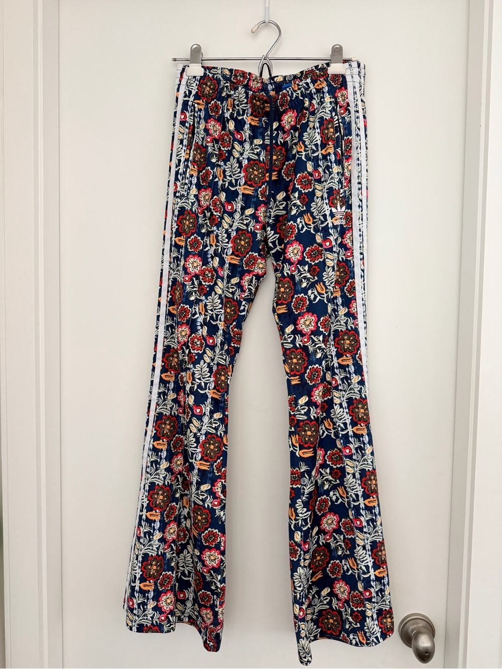 adidas Navy Floral Track Pants with White Side Stripes